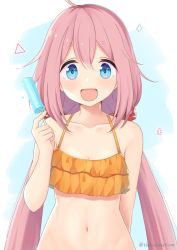 Rule 34 | 1girl, :d, bikini, blue eyes, food, frilled bikini, frills, highres, holding, holding food, ice cream, kagamihara nadeshiko, long hair, looking at viewer, navel, nekosination, open mouth, pink hair, popsicle, simple background, smile, solo, stomach, swimsuit, twintails, yurucamp
