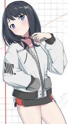 Rule 34 | 1girl, absurdres, black hair, blue eyes, blush, breasts, cellphone, gridman universe, highres, holding, holding phone, jacket, long hair, looking at viewer, phone, shirt, skirt, small breasts, smartphone, solo, ssss.gridman, t-shirt, takarada rikka, tappy okamura, thighs, white jacket