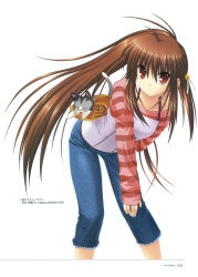 Rule 34 | 1girl, absurdres, baseball glove, bell, brown hair, cat, denim, highres, jeans, little busters!, long hair, na-ga, natsume rin, pants, ponytail, red eyes, scan, simple background, solo