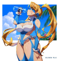 Rule 34 | 1girl, absurdres, beach, blonde hair, blue eyes, blue leotard, blue sky, bottle, breasts, character name, cleavage, cleavage cutout, clothing cutout, cloud, coconut tree, drinking, elbow cutout, heart cutout, highres, large breasts, leotard, long hair, looking at viewer, mask, mefuchan, muscular, palm tree, rainbow mika, shoulder cutout, sky, solo, street fighter, street fighter zero (series), sweat, tree, twintails, water bottle, wrestler, wrestling mask, wrestling outfit