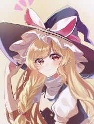 Rule 34 | 1girl, animal ears, black hat, black vest, blonde hair, bow, braid, buttons, fake animal ears, hand on headwear, hand up, hat, hat bow, highres, kirisame marisa, long hair, looking at viewer, puffy short sleeves, puffy sleeves, red eyes, shirt, short sleeves, single braid, smile, solo, touhou, turtleneck, unfinished dream of all living ghost, vest, white shirt, witch hat, yomogi 9392