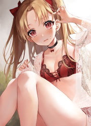 Rule 34 | 1girl, absurdres, bad id, bad pixiv id, bare shoulders, blonde hair, blush, breasts, cleavage, commentary, earrings, ereshkigal (fate), fate/grand order, fate (series), highres, ishida umi, jewelry, long hair, looking at viewer, medium breasts, open mouth, panties, parted bangs, red eyes, red panties, ribbon, sitting, solo, two side up, underwear