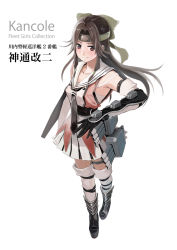 Rule 34 | 1girl, black necktie, brown eyes, brown hair, character name, commentary request, copyright name, detached sleeves, elbow gloves, forehead protector, full body, gloves, hachimaki, hair intakes, half updo, headband, highres, jintsuu (kancolle), jintsuu kai ni (kancolle), kantai collection, long hair, looking at viewer, necktie, official style, school uniform, serafuku, smile, solo, take-zz, thighhighs