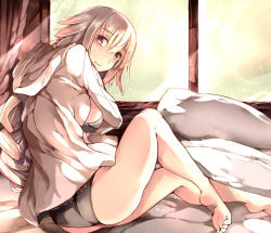 Rule 34 | 1girl, ass, bare legs, barefoot, black bra, black eyes, black panties, blonde hair, bra, braid, breasts, fate/apocrypha, fate (series), from side, jeanne d&#039;arc (fate), jeanne d&#039;arc (ruler) (fate), kyuu (plastic night q), long hair, long sleeves, looking at viewer, looking to the side, medium breasts, on bed, open clothes, open shirt, panties, shirt, single braid, solo, sunlight, underwear, very long hair, white shirt
