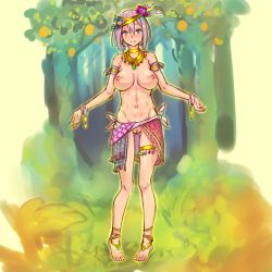Rule 34 | 1girl, anklet, bad id, bad pixiv id, bare legs, barefoot, blue eyes, blush, bob cut, bracelet, breasts, choker, feathers, feet, flower, full body, hair flower, hair ornament, jewelry, large breasts, looking at viewer, lots of jewelry, medium breasts, navel, necklace, nipples, no panties, nude, original, outdoors, pigeon-toed, purple hair, pussy, sarong, sash, short hair, smile, solo, standing, toe ring, topless, tribal, uncensored, yamada (gotyui)