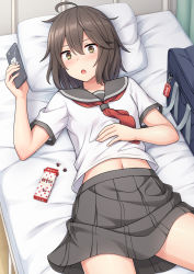 Rule 34 | 1girl, ahoge, bad id, bad pixiv id, bed, bed sheet, blush, breasts, brown eyes, brown hair, cellphone, grey skirt, holding, holding phone, hospital bed, indoors, infirmary, lying, medium hair, nakamura sumikage, navel, neckerchief, on back, on bed, original, paid reward available, phone, pillow, pleated skirt, red neckerchief, sailor collar, school uniform, serafuku, shirt, short sleeves, skirt, small breasts, smartphone, solo, white shirt