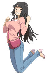 Rule 34 | 1girl, a1 (initial-g), absurdres, bag, black hair, breasts, character request, denim, female focus, full body, handbag, high heels, highres, jeans, jumping, large breasts, long hair, looking at viewer, open shoes, pants, sandals, shoes, simple background, smile, solo, source request, toes, white background