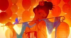 Rule 34 | 1girl, animal, black hair, blue background, breasts, chinese clothes, cleavage, closed mouth, flower, hair bun, hair flower, hair ornament, hair pulled back, hair stick, hanfu, head tilt, highres, holding, lantern, light particles, lipstick, long sleeves, looking at viewer, makeup, orange theme, original, paper lantern, red theme, shawl, single hair bun, small breasts, spot color, updo, upper body, wide sleeves, zzzi gn
