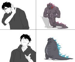 Rule 34 | abs, alternate form, artist request, crossover, elbow blade, fat, fat man, flower, giant, giant monster, godzilla, godzilla (series), godzilla evolved, godzilla minus one, godzilla x kong: the new empire, highres, kaijuu, king kong (series), legendary pictures, long tail, meme, meme attire, monster, monsterverse, multiple boys, muscular, pectorals, reptile, reptilian, rose, rose in mouth, smile, spiked tail, spikes, tail, toho