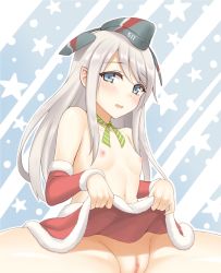 Rule 34 | 1girl, alternate costume, blue eyes, blush, breasts, choker, christmas, clothes lift, flat chest, garrison cap, groin, hair between eyes, hat, kantai collection, lang (chikage36), lifted by self, looking at viewer, navel, nipples, open mouth, pussy, ribbon, ribbon choker, santa costume, simple background, skirt, skirt lift, small breasts, solo, spread legs, u-511 (kancolle), white hair
