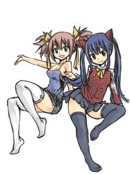 Rule 34 | 2girls, breasts, curvy, fairy tail, female focus, hair ribbon, long hair, looking at viewer, mashima hiro, multiple girls, official art, ribbon, sheria blendy, shiny skin, simple background, skirt, small breasts, smile, twintails, wendy marvell