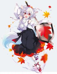 Rule 34 | 1girl, animal ears, black skirt, full body, geta, grey background, hat, highres, holding, holding shield, holding sword, holding weapon, inubashiri momiji, leaf, leaf print, maple leaf, maple leaf print, official art, open mouth, pom pom (clothes), poprication, red footwear, red hat, shield, shirt, short hair, simple background, skirt, solo, strange creators of outer world, sword, tail, tengu-geta, third-party source, tokin hat, touhou, weapon, white hair, white shirt, wolf ears, wolf girl, wolf tail