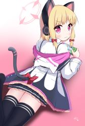 Rule 34 | 1girl, :3, absurdres, animal ear headphones, animal ears, black skirt, black thighhighs, blonde hair, blue archive, blush, bow, cat ear headphones, cat ears, cat tail, closed mouth, collared shirt, commentary request, fake animal ears, from above, from behind, gradient background, hair bow, halo, handheld game console, headphones, highres, holding, jacket, leg up, long sleeves, looking at viewer, looking back, looking up, lying, meta, momoi (blue archive), no shoes, on stomach, pink background, pleated skirt, purple eyes, red bow, shirt, sidelocks, signature, skirt, solo, tail, thighhighs, v-shaped eyebrows, white background, white jacket, white shirt, xiaosamiao