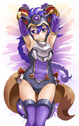 Rule 34 | 1girl, armpits, arms up, braid, closed mouth, elbow gloves, gloves, grey leotard, hair between eyes, leotard, looking at viewer, lying, matsuhime mujina, mimonel, on back, purple eyes, purple gloves, purple hair, purple thighhighs, shinrabanshou, single braid, smile, solo, tail, thigh gap, thighhighs
