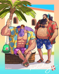 Rule 34 | 2boys, ^ ^, abs, alternate costume, alternate hairstyle, arm hair, bare arms, beard, belly, big belly, black hair, blouse, blue male swimwear, blue swim trunks, border, champion (company), chest hair, closed eyes, collared shirt, crossed legs, curly hair, day, drawstring, earrings, eye mask, facial hair, fat, fat man, flip-flops, floral print, floral swimsuit, full body, hand rest, hand up, hands in pockets, hawaiian shirt, highres, jesus burgess, jewelry, large pectorals, leg hair, long hair, long nose, male focus, male swimwear, marshall d. teach, mask, missing tooth, multiple boys, muscular, muscular male, navel, obese, one piece, open clothes, open mouth, open shirt, outdoors, palm tree, pectorals, pocket, ponytail, print male swimwear, print shirt, print swim trunks, print swimsuit, purple hair, purple male swimwear, purple swim trunks, ring, sandals, shirt, short sleeves, sitting, small head, smile, spread legs, standing, stomach, sunglasses, swim trunks, swimsuit, toenails, toes, tree, twitter username, wing collar, wrestling mask, wrist wings, youkan (tako)
