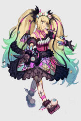 Rule 34 | 1girl, asymmetrical legwear, bare shoulders, bat wings, black gloves, blonde hair, blue eyes, breasts, cleavage, collarbone, demon wings, dress, eyeball hair ornament, facial mark, fake tail, full body, fur trim, gloves, gradient hair, green hair, heart, heart facial mark, hungry clicker, lolita fashion, long hair, looking at viewer, medium breasts, multicolored hair, pink ribbon, print dress, purple dress, ribbon, simple background, solo, stained glass print, sylvie paula paula, tail, the king of fighters, the king of fighters xv, twintails, very long hair, wings