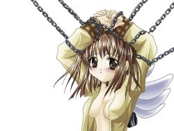 Rule 34 | 1girl, arms up, bdsm, bondage, bound, chain, open clothes, open shirt, shirt, solo, wings