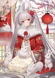 Rule 34 | 1girl, animal ears, closed mouth, eyebrows hidden by hair, highres, japanese clothes, jewelry, long hair, long sleeves, looking at viewer, nengajou, new year, oli o o, original, rabbit, rabbit ears, red eyes, ring, seiza, sitting, smile, solo, twintails, white hair, wide sleeves