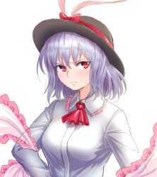 Rule 34 | 1girl, ascot, black hat, bow, breasts, closed mouth, commentary, frilled shawl, frills, hat, hat bow, long sleeves, looking at viewer, medium breasts, nagae iku, purple hair, red ascot, red bow, red eyes, s-a-murai, shawl, short hair, simple background, solo, touhou, upper body, v-shaped eyebrows, white background