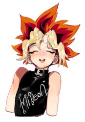 Rule 34 | 1boy, :d, bare shoulders, belt collar, blonde hair, blush, closed eyes, collar, cropped arms, cropped torso, dyed bangs, facing viewer, multicolored hair, muto yugi, open mouth, pigeon666, red hair, round teeth, simple background, smile, solo, spiked hair, teeth, upper body, upper teeth only, white background, yu-gi-oh!