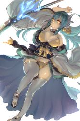 Rule 34 | 1girl, aqua hair, bare shoulders, bikini, bikini under clothes, breasts, cleavage, detached collar, fate/grand order, fate (series), hair ribbon, horns, japanese clothes, kimono, kiyohime (fate), kiyohime (swimsuit lancer) (first ascension) (fate), large breasts, long hair, long sleeves, looking at viewer, matsumoto tomoyohi, obi, off shoulder, parted lips, ribbon, sash, smile, solo, swimsuit, thighhighs, white thighhighs, wide sleeves, yellow bikini, yellow eyes