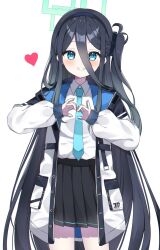 Rule 34 | 1girl, aqua necktie, aris (blue archive), black hair, black skirt, blue archive, blue eyes, hair between eyes, halo, heart, highres, jacket, long hair, long sleeves, looking at viewer, murase48, necktie, pleated skirt, shirt, side ponytail, skirt, smile, solo, standing, thighs, very long hair, white jacket, white shirt, white sleeves