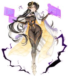Rule 34 | 1girl, absurdres, armored boots, black bodysuit, black hair, bodysuit, boots, breasts, coat, coat on shoulders, contractee crosselle, covered navel, earrings, facial mark, guardian tales, highres, holographic interface, horns, jewelry, large breasts, lightning background, long hair, navel, official art, pointy ears, sheep horns, simple background, solo, thighs, transparent background, very long hair, white coat, yellow eyes