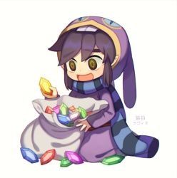 Rule 34 | 1boy, bag, black eyes, black hair, full body, gem, hat, male focus, nintendo, open mouth, ravio, robe, scarf, seiza, sitting, smile, solo, spoilers, striped clothes, striped scarf, the legend of zelda, the legend of zelda: a link between worlds, translated, wusagi2