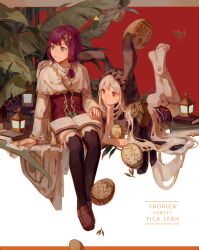 Rule 34 | 2girls, animal ears, animal feet, armor, bare legs, black sleeves, black thighhighs, book, brown footwear, brown hood, capelet, character name, closed mouth, commentary, copyright name, detached hood, dress, easter egg, egg, english commentary, full body, green eyes, hair spread out, hand on lap, hand on own chin, highres, hong (hong11117), lantern, leah (sdorica), long hair, long sleeves, looking ahead, lying, multiple girls, on stomach, open book, pauldrons, paw print, plant, potted plant, purple hair, rabbit ears, rabbit tail, red background, red dress, red eyes, red tunic, ribbon legwear, sdorica, shoes, short dress, short hair with long locks, shoulder armor, single hair tube, single sidelock, sleeves past elbows, smile, tail, thighhighs, tica, two-tone background, uwabaki, very long hair, white background, white capelet, white hair, white sleeves, wide sleeves