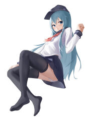 Rule 34 | 1girl, absurdres, arm at side, black hat, black thighhighs, blue eyes, blue hair, blush, cameltoe, chinese commentary, commentary request, feet, fengxue, from below, full body, hair between eyes, hat, hibiki (kancolle), highres, kantai collection, knees up, legs, long hair, long sleeves, looking at viewer, miniskirt, neckerchief, no shoes, open mouth, panties, pantyshot, peaked cap, pleated skirt, red neckerchief, sailor collar, school uniform, serafuku, shirt, sidelocks, simple background, sitting, skirt, soles, solo, thighhighs, thighs, underwear, very long hair, white background, white panties, white shirt, zettai ryouiki