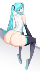 Rule 34 | 1girl, absurdres, ass, bare shoulders, bottomless, detached sleeves, green eyes, green hair, hatsune miku, highres, huge ass, long hair, looking at viewer, looking back, onaeane, sitting, sleeves past wrists, solo, thick thighs, thighhighs, thighs, twintails, very long hair, vocaloid, white background