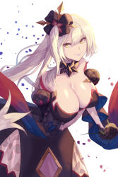 Rule 34 | 1girl, arm under breasts, bare shoulders, black dress, black flower, black gloves, black rose, breasts, cleavage, collar, collarbone, dark persona, dawito, dress, fate/grand order, fate (series), flower, gloves, highres, large breasts, leaning forward, long hair, looking at viewer, marie antoinette (alter) (fate), marie antoinette (fate), metal collar, off-shoulder dress, off shoulder, pale skin, petals, rose, side ponytail, silver hair, simple background, smile, very long hair, yellow eyes
