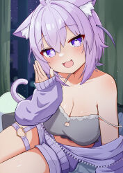 Rule 34 | 1girl, animal ear fluff, animal ears, black camisole, breasts, camisole, cat ears, cat girl, cat tail, cleavage, cleavage cutout, clothing cutout, heart, heart-shaped pupils, heart o-ring, highres, hololive, jacket, large breasts, looking at viewer, medium hair, nekomata okayu, nekomata okayu (membership), o-ring, o-ring thigh strap, official alternate costume, open clothes, open jacket, open mouth, parijennu222, purple eyes, purple hair, purple jacket, purple shorts, short shorts, shorts, smile, symbol-shaped pupils, tail, thigh strap, two side up, virtual youtuber