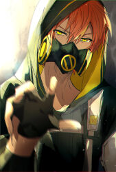 Rule 34 | 0216goma, 1boy, black gloves, blonde hair, close game/offline (project sekai), commentary, covered mouth, fingerless gloves, gloves, hand up, highres, hood, hood up, looking at viewer, male focus, mask, multicolored hair, official alternate costume, orange hair, project sekai, shinonome akito, short hair, solo, streaked hair, two-tone hair, upper body, yellow eyes