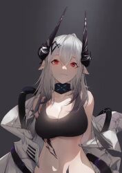 Rule 34 | arknights, bare shoulders, breasts, demon horns, horns, large breasts, light smile, looking at viewer, md5 mismatch, mudrock (arknights), mudrock (elite ii) (arknights), resolution mismatch, source larger, sports bra, stomach, tangyou guozi zzz, white hair