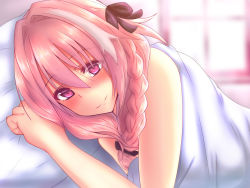 Rule 34 | 1boy, astolfo (fate), bed sheet, blanket, blush, braid, ebon umax, fate/apocrypha, fate/grand order, fate (series), hair ribbon, highres, long hair, looking at viewer, lying, male focus, naked sheet, nude, on side, pink eyes, pink hair, ribbon, single braid, smile, solo, trap, under covers