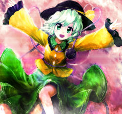 Rule 34 | 1girl, arms up, blush, blush stickers, eyeball, faux traditional media, female focus, green eyes, green hair, hat, heart, heart of string, highres, ikamagu, ikmg, komeiji koishi, leg up, looking at viewer, matching hair/eyes, open mouth, outstretched arms, short hair, smile, solo, spread arms, third eye, touhou