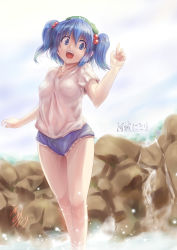 Rule 34 | 1girl, bare legs, blue eyes, blue hair, breasts, day, covered erect nipples, female focus, hair bobbles, hair ornament, hat, kawashiro nitori, matching hair/eyes, medium breasts, open mouth, rock, shirt, short hair, short shorts, shorts, sky, solo, t-shirt, touhou, twintails, two side up, umarutsufuri, water, wet, wet clothes, white shirt