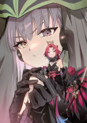 Rule 34 | 2girls, absurdres, arm guards, benienma (fate), benienma alter (fate), bird hair ornament, black bodysuit, black dress, black gloves, blush, bodysuit, breasts, detached collar, detached sleeves, dress, elbow gloves, fate/grand order, fate (series), feather-trimmed sleeves, feather trim, giant, giantess, gimp suit, gloves, hair ornament, headdress, heterochromia, highres, kingprotea (fate), latex, latex bodysuit, long hair, looking at viewer, low ponytail, medium breasts, multiple girls, no-kan, obi, parted bangs, pout, purple eyes, purple hair, red eyes, red hair, sash, short dress, small breasts, smile, veil, very long hair, xochitonal (fate), yellow eyes