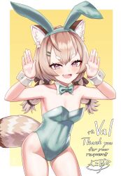 Rule 34 | 1girl, absurdres, animal ears, artist name, bare shoulders, bow, bowtie, braid, breasts, caramelldansen, commentary, commission, covered navel, cowboy shot, english commentary, english text, fake animal ears, fang, hair ornament, hairclip, highres, komachi panko, leotard, light brown hair, looking at viewer, open mouth, oversized breast cup, phase connect, playboy bunny, purple eyes, raccoon ears, raccoon girl, raccoon tail, small breasts, smile, solo, tail, thick eyebrows, twin braids, virtual youtuber, wrist cuffs, yoko2yuray