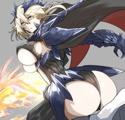 Rule 34 | 1girl, armor, artoria pendragon (fate), artoria pendragon (lancer alter) (fate), ass, black armor, black cape, black leotard, black thighhighs, blonde hair, breasts, bright pupils, cape, cowboy shot, fate/grand order, fate (series), gin moku, grey background, hair between eyes, large breasts, leotard, looking at viewer, pauldrons, revealing clothes, rhongomyniad (fate), short hair, shoulder armor, simple background, solo, thighhighs, underboob, yellow eyes