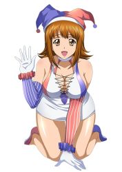 Rule 34 | 1girl, ato (ikkitousen), bare legs, breasts, brown eyes, brown hair, cleavage, dress, female focus, gloves, hat, ikkitousen, large breasts, legs, looking at viewer, open mouth, short dress, simple background, sleeveless, sleeveless dress, solo, white background