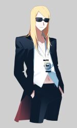 Rule 34 | 1boy, 344 900, black jacket, black pants, blonde hair, blue eyes, expressionless, fate/grand order, fate (series), flapper shirt, hands in pockets, highres, jacket, jewelry, long hair, looking at viewer, male focus, medallion, midriff, midriff peek, necklace, open clothes, open jacket, pants, shirt, simple background, solo, sunglasses, tezcatlipoca (fate), white background, white shirt