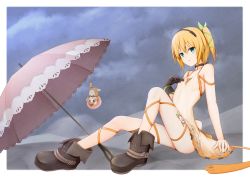 Rule 34 | 1girl, bare arms, bare legs, black choker, black hairband, blonde hair, blue eyes, boots, border, bow, choker, collarbone, dress, edna (tales), female focus, full body, green bow, green ribbon, hair bow, hair ribbon, hairband, highres, kuronuketaiyo, leg ribbon, long legs, looking at viewer, normin (tales), orange ribbon, ribbon, short dress, short hair, side ponytail, sitting, sleeveless, sleeveless dress, smile, solo, tales of (series), tales of zestiria, umbrella, white border, white dress