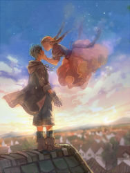 Rule 34 | 1boy, 1girl, blonde hair, blurry, braid, cityscape, couple, depth of field, floating, gloves, hands on another&#039;s cheeks, hands on another&#039;s face, hetero, hood, hoodie, imminent kiss, light particles, original, pon (cielo), profile, rooftop, sky, star (sky), starry sky, sunset, town, twin braids