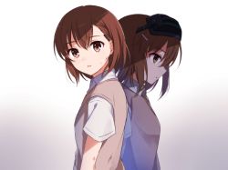 Rule 34 | 2girls, back-to-back, bob cut, breasts, brown eyes, brown hair, commentary request, dirty, dirty face, expressionless, gradient background, grey background, hair ornament, hairclip, head-mounted display, looking at viewer, looking down, misaka imouto, misaka mikoto, multiple girls, nemu mohu, parted lips, school uniform, shadow, short hair, simple background, small breasts, staring, sweater vest, toaru kagaku no railgun, toaru majutsu no index, upper body, white background