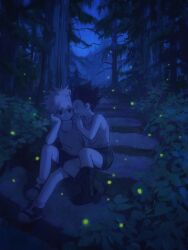 Rule 34 | 2boys, bug, child, commentary, english commentary, fireflies, firefly, forest, gon freecss, highres, hunter x hunter, insect, killua zoldyck, male focus, mizukiyoi, multiple boys, nature, night, night sky, outdoors, scenery, shorts, sitting, sky, spanish commentary, tank top, whispering, whispering in ear, yaoi