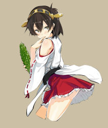 Rule 34 | 10s, 1girl, bare legs, black hair, blush, brown eyes, clothes lift, cosplay, female focus, finger to mouth, grey background, hair between eyes, haruna (kancolle), haruna (kancolle) (cosplay), holding, iwasaki takashi, japanese clothes, kaga (kancolle), kantai collection, legs, looking at viewer, red skirt, short hair, side ponytail, simple background, skirt, skirt lift, solo, wide sleeves