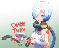 Rule 34 | 1girl, armlet, armpits, blue eyes, blue hair, breasts, cable, commentary request, controller, copyright name, from side, gradient background, hair over one eye, holding, looking at viewer, magi (overturn), overturn, parted lips, plug, science fiction, shirt, short hair, small breasts, solo, standing, sumiyao (amam), white shirt