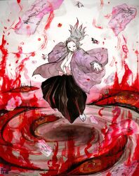 Rule 34 | 1boy, black hakama, blood, blood on hands, burning, closed eyes, coat, colored tips, commentary request, cpctbepfk4l2gax, extra eyes, falling, fire, floating hair, full body, grey coat, grey hair, hakama, haori, hell, highres, japanese clothes, kimetsu no yaiba, kimono, long hair, male focus, multicolored hair, no shoes, outstretched arms, painting (medium), paper, ponytail, purple coat, red hair, red scarf, scarf, solo, spiral, spread arms, streaked hair, tabi, traditional media, tsugikuni michikatsu, watercolor (medium)